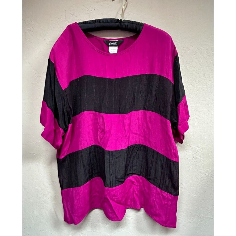 Options Melrose Womens Sz Large Black Fuchsia Colorblock Short Sleeve Top